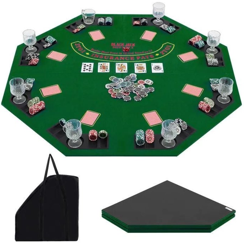 COSTWAY Plateux de Poker Professionnel XXL 120x120 CM- 8 Joueurs avec 8 Goulotte de Jeton et Porte-Gobelets + Sac de Transport Vert