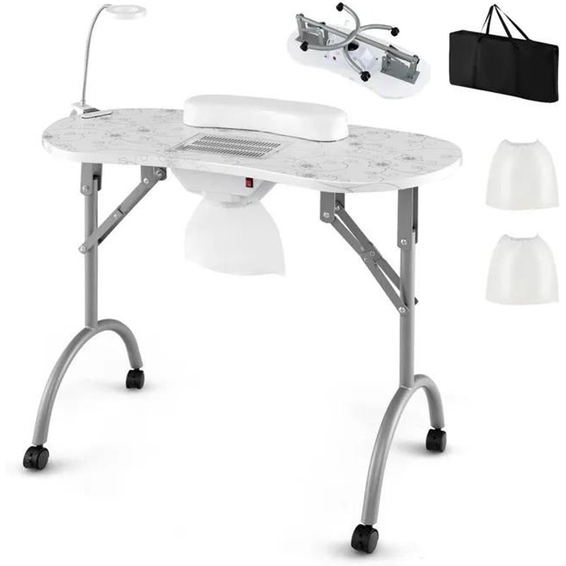 Costway Table De Manucure Pliante Avec Collecteur De Poussière Électrique, Avec Lampe Led Flexible, Coussin Pour Poignet Amovible