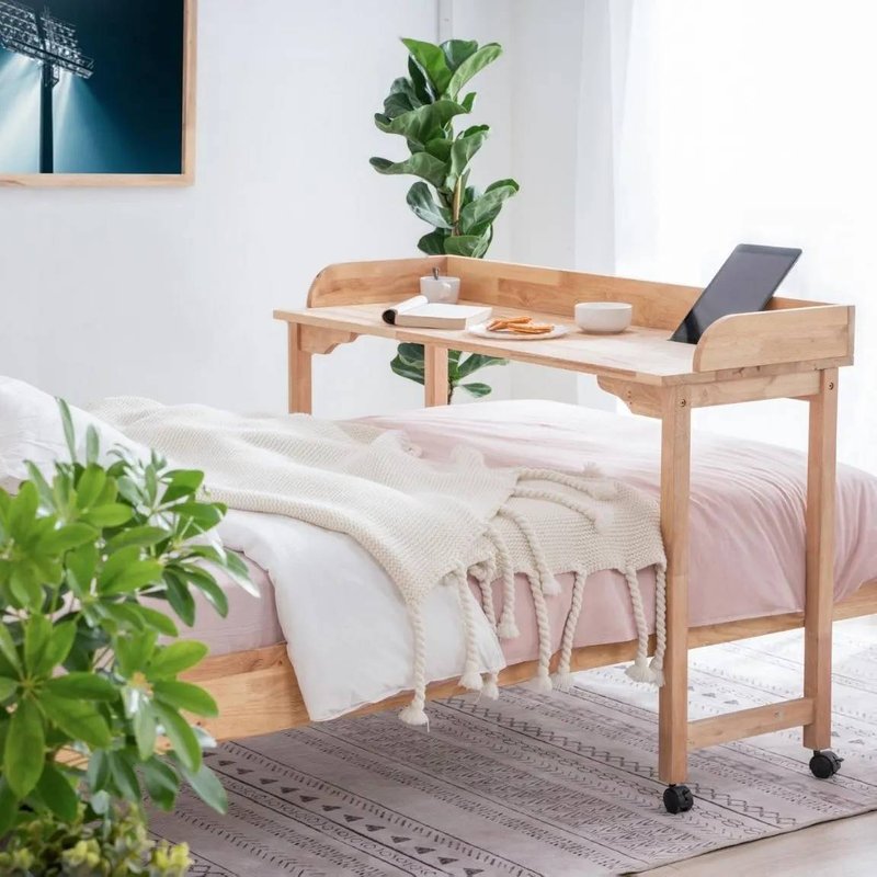 Bureau Mobile En Bois D'hévéa Massif Avec Roulettes - Bureau Roulant En Bois Naturel Minimaliste Pour La Maison, Le Bureau, L'étude Et Les Espaces De Travail Spacieux