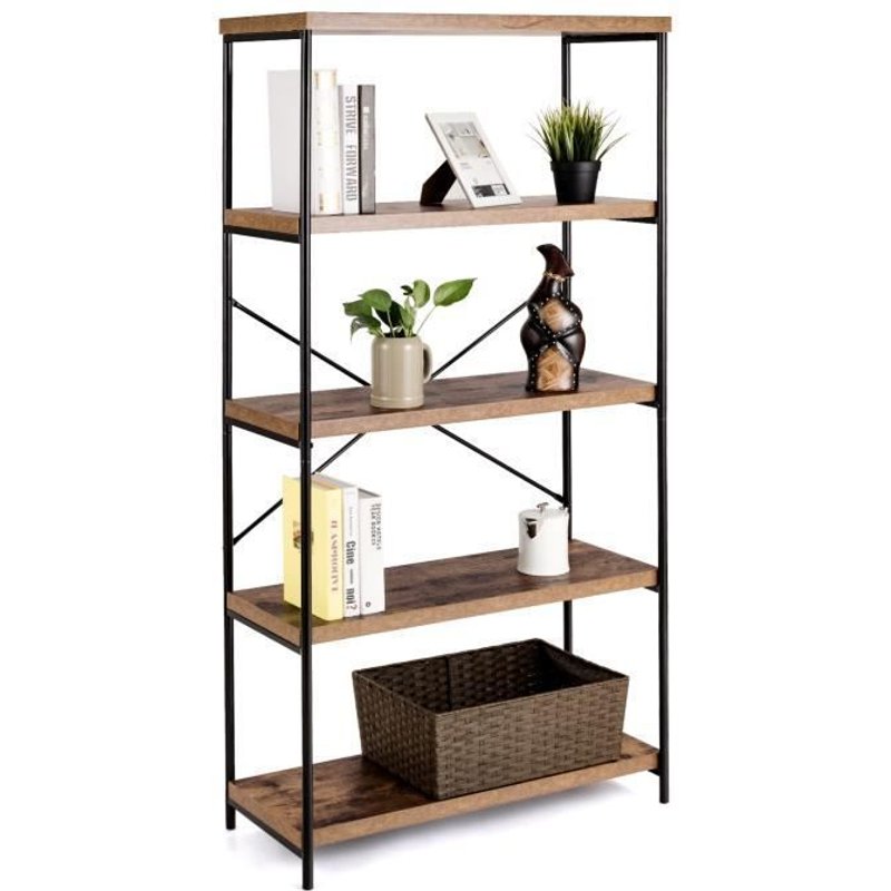 Costway Bibliothèque Étagère À 5 Niveaux, Meuble De Rangement Industriel Avec Cadre En Métal Et Dispositif Anti-Basculement Marron
