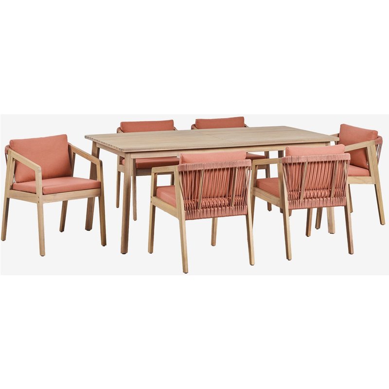 Ensemble Table Rectangulaire 180x90 Cm Et 6 Chaises De Salle À Manger En Bois D'acacia Et Corde Tressée Kaela