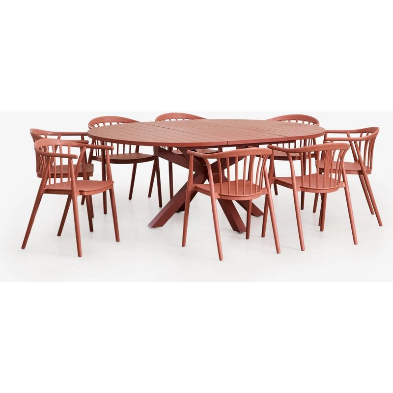 Ensemble De Table Ronde Extensible 145-200x145 Cm En Aluminium Barces Et 10 Chaises De Salle À Manger Empilables Avec Accoudoirs Rouge Tuile