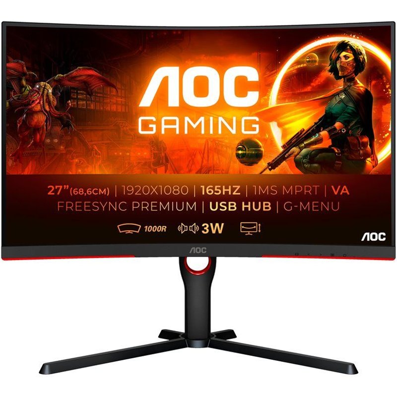 AOC Gaming C27G3U/BK - Écran LED - jeux - incurvé - 27" - 1920 x 1080 Full HD (1080p) @ 165 Hz - VA - 250 cd/m² - 1 ms - 2xHDMI, DisplayPort - haut-parleurs - rouge, texture noire