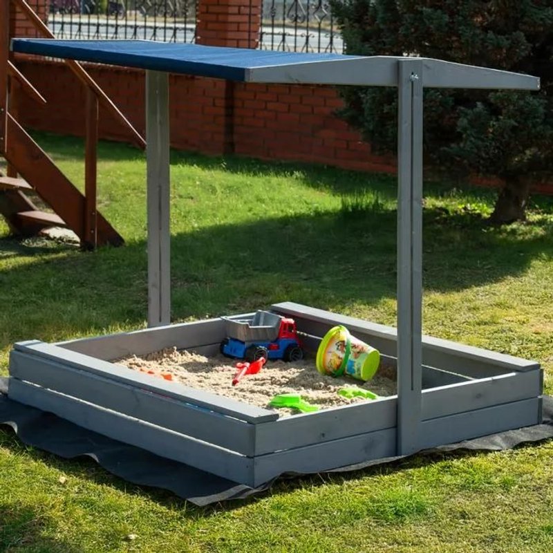 Springos® Bac À Sable Premium Pour Enfants Avec Toit 120 X 120 Cm Géotextile Inclus Bois Imprégné ¿ Gris