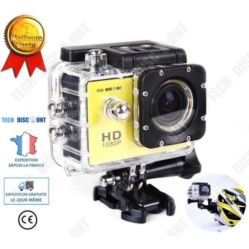 TD® Caméra de plongée sportive jaune étanche avec stabilisateur avec fonction WIFI microphone externe accessoire pour ski et voyages