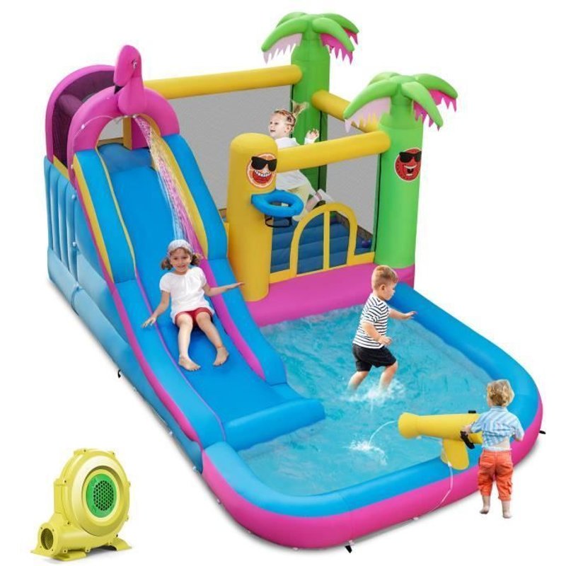 Costway Château Gonflable Thème Tropical Avec Souffleur 680w, Long Toboggan Aquatique,Piscine À Eclaboussures Ballon Océanique