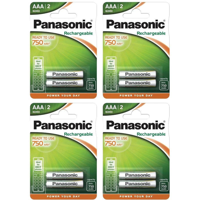 Panasonic Lot de 4 Blisters de 2 Piles Rechargeable DECT AAA (Micro)/HR03 750 mAh 1,2V