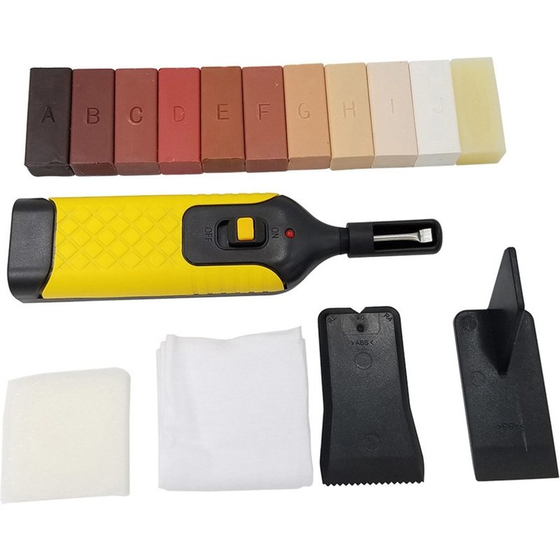 Kit de réparation pour parquets en bois pour les rayures sur stratifié, meubles et plus encore - Comprend des blocs de cire, un stylo chauffant et des outils