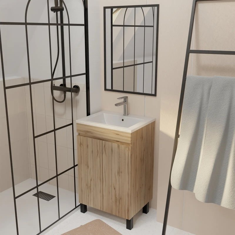 Meuble De Salle De Bains 50 Cm Décor Chêne Naturel - Vasque Blanche Et Miroir 50x70 Avec Cadre Noir