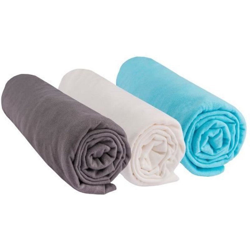 Lot De 3 Draps Housse Coton 70x140 Gris Blanc Turquoise