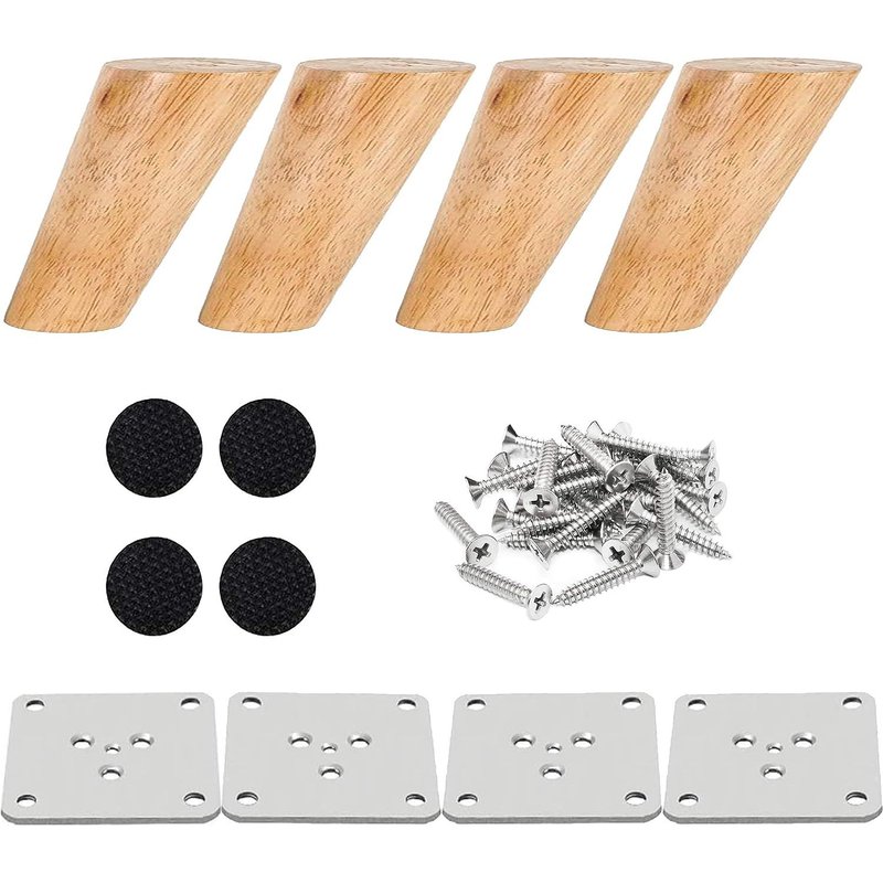 Drenky Lot de 4 Pied De Meuble Bois Pied de lit 8 cm Pied Table Basse Incliné Pied Meuble Cuisine Finition Noyer avec Accessoires d'installation pour Fauteuil, Table De Nuit, Armoire, Tiroir etc