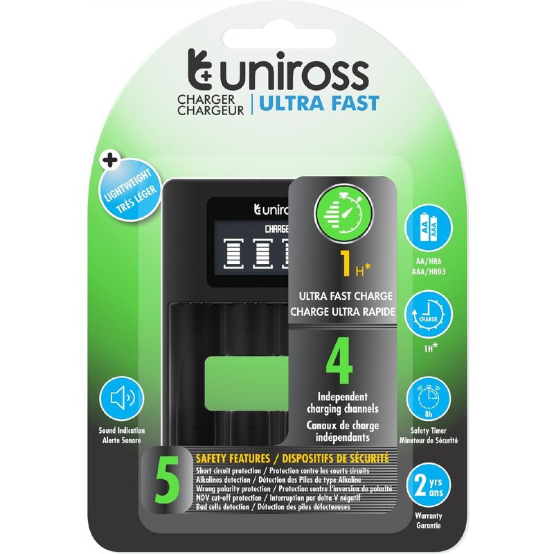UNIROSS Chargeur LCD ULTRA RAPIDE Pour 1 Ă 4 Piles Ni-MH 1.2V AA AAA
