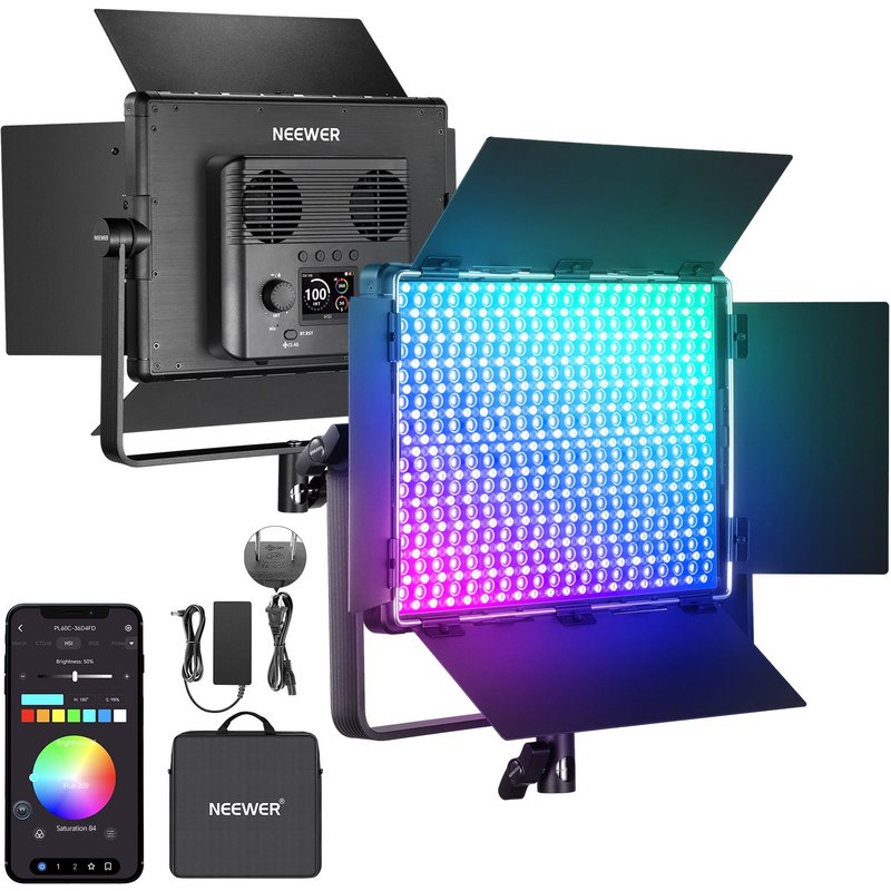 NEEWER PL60C RGB LED Panneau Vidéo Lumière APP/2,4G/DMX Contrôle, 60W 23000Lux/0,5m 2500K-10000K RGBCW Pro Éclairage de Studio/18 Scènes/V Alimenté par Batterie pour Enregistrement Streaming Extérieur