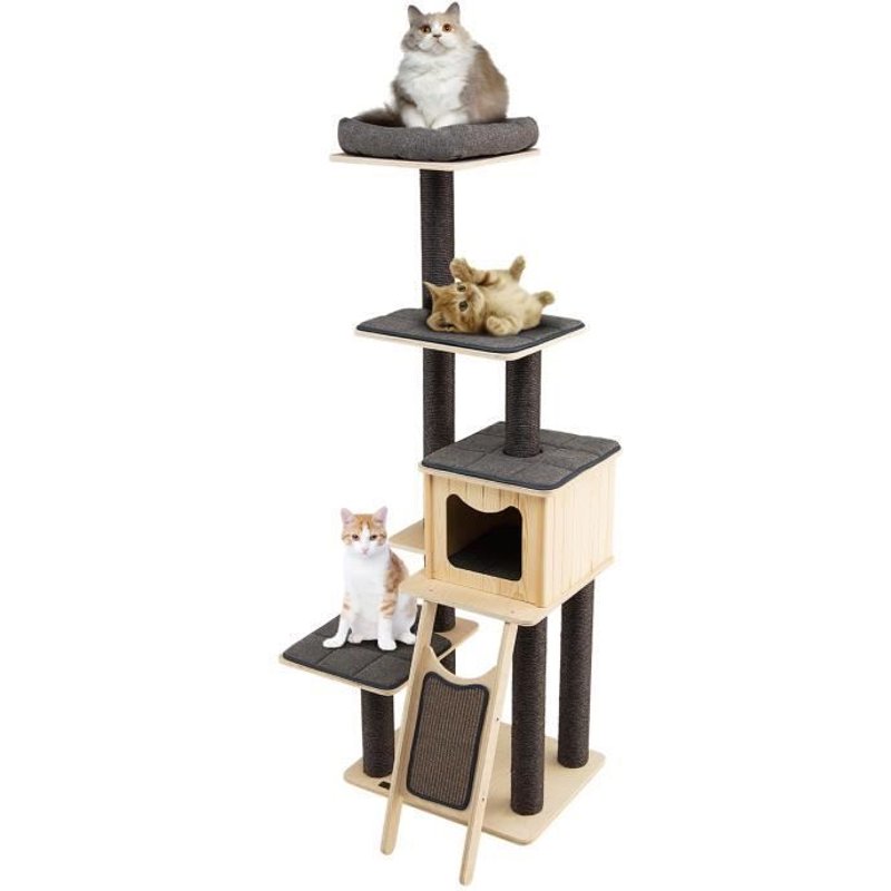 Costway Arbre À Chat En Bois 175cm Avec Coussins Détachables Et Niche, Tour De Jeu Pour Chat Avec Poteaux En Sisal Planche À Gratter