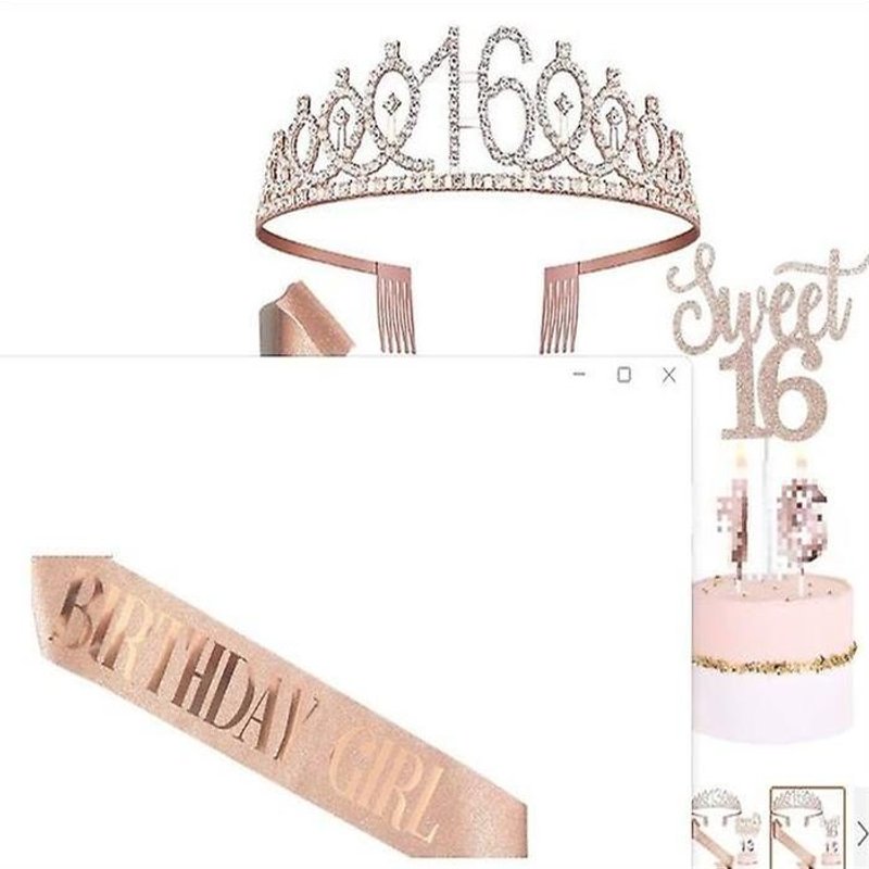 Ensemble De Décorations Pour Fête D'anniversaire Sweet 16 Avec Couronne En Strass, Décoration De Gâteau Et Écharpe En Or Rose