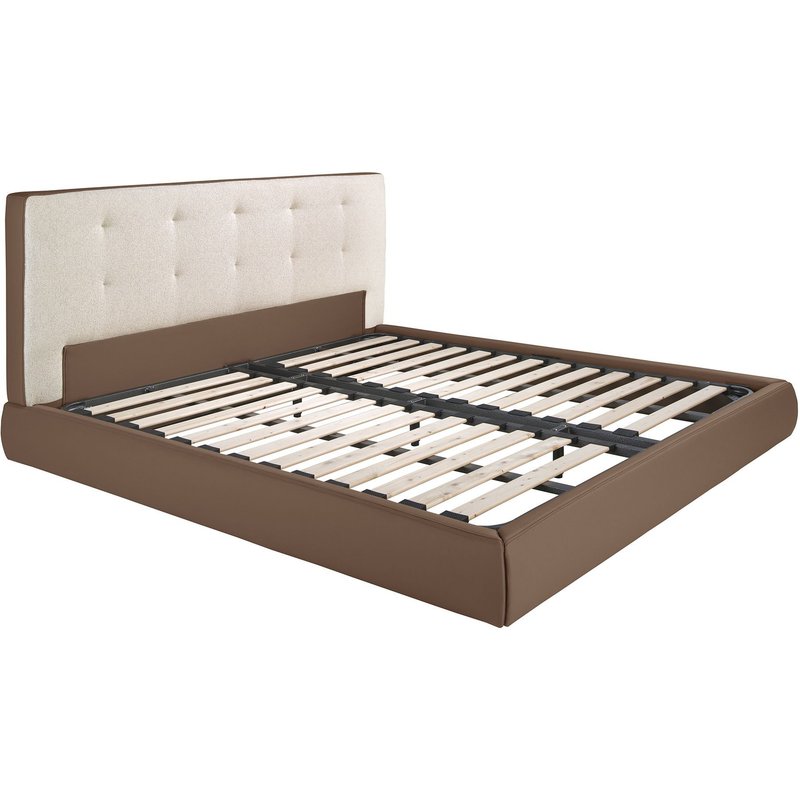 Lit Rembourré En Tissu Marron Et Éco-Cuir Marron Avec Revêtement Blanc Cassé