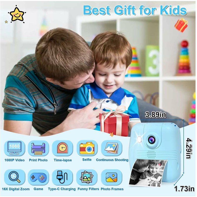 Appareil photo instantané pour enfants avec impression en une seule touche, vidéo HD, carte SD 32 Go, 14 filtres et 5 stylos de couleur