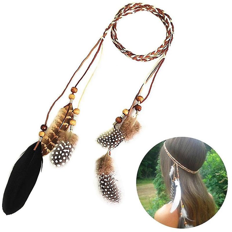 Serre-Tête Bohème En Plumes Et Perles En Bois ¿ Accessoire De Festival Polyvalent Pour Femmes Et Filles ¿ 150 Cm Kaki