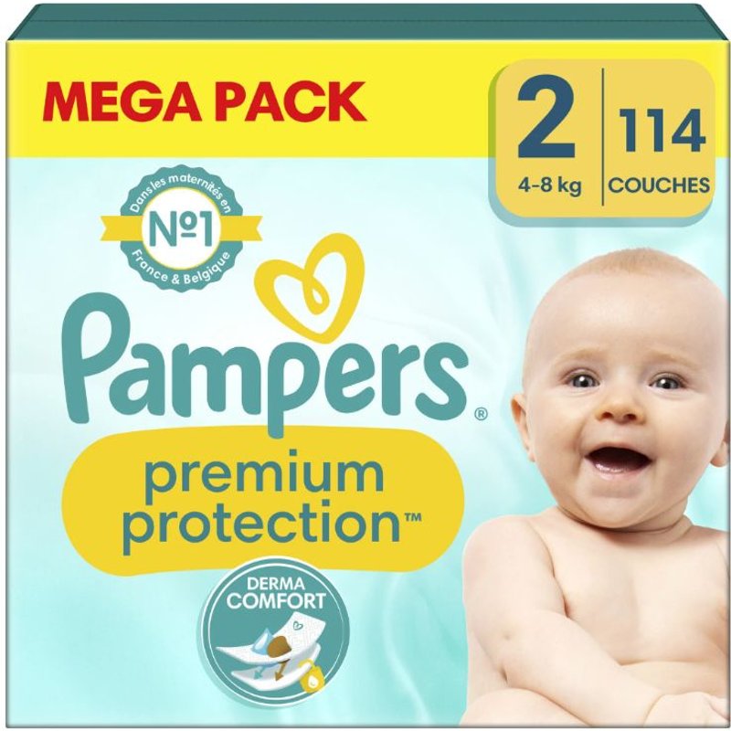 Mega Pack 114 Couches Pampers Premium Protection Taille 2 (4-8 Kg) Derma Confort