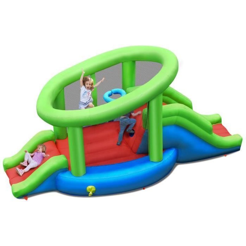 Costway Château Gonflable Apparence De L'escargot Avec 2 Toboggans,Panier De Basket-Ball,Mur D'escalade Avec Patchs De Réparation