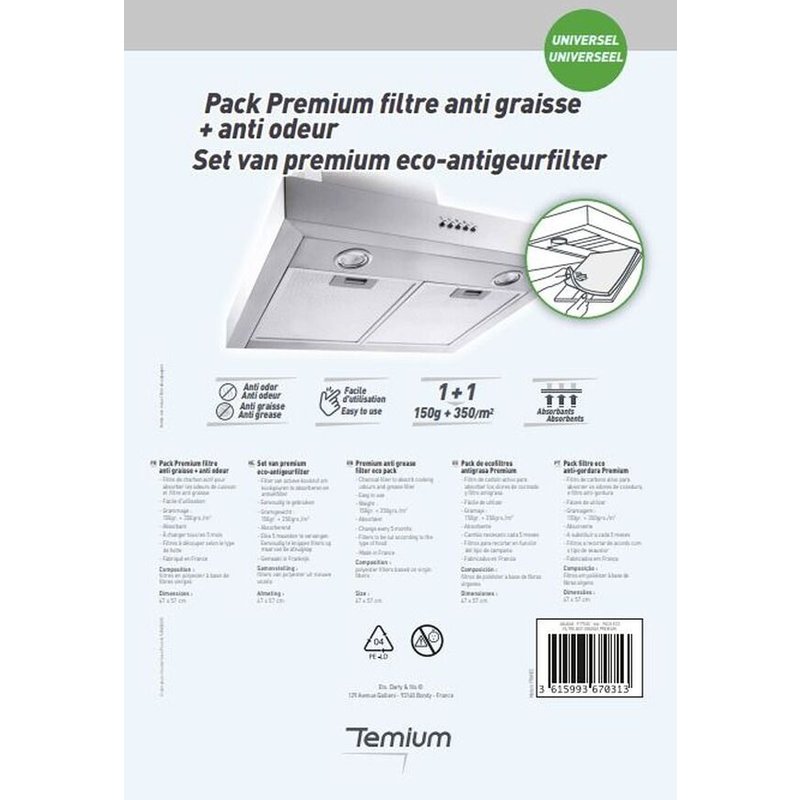 Filtre de Hotte Anti graisse & Anti odeur 47x57cm Premium - Universel & Découpable