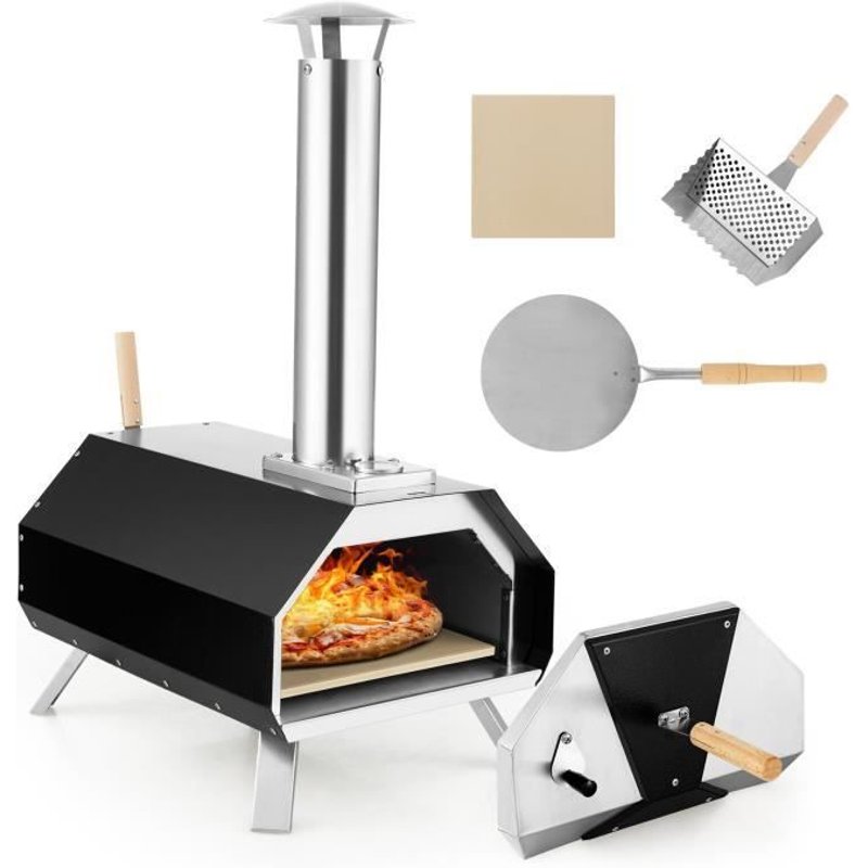 COSTWAY Four à Pizza Extérieur Pierre à Pizza 30,5cm Foyer Séparé,Pelle Pare-feu,Pieds Pliables,Cheminée Amovible,Thermomètre