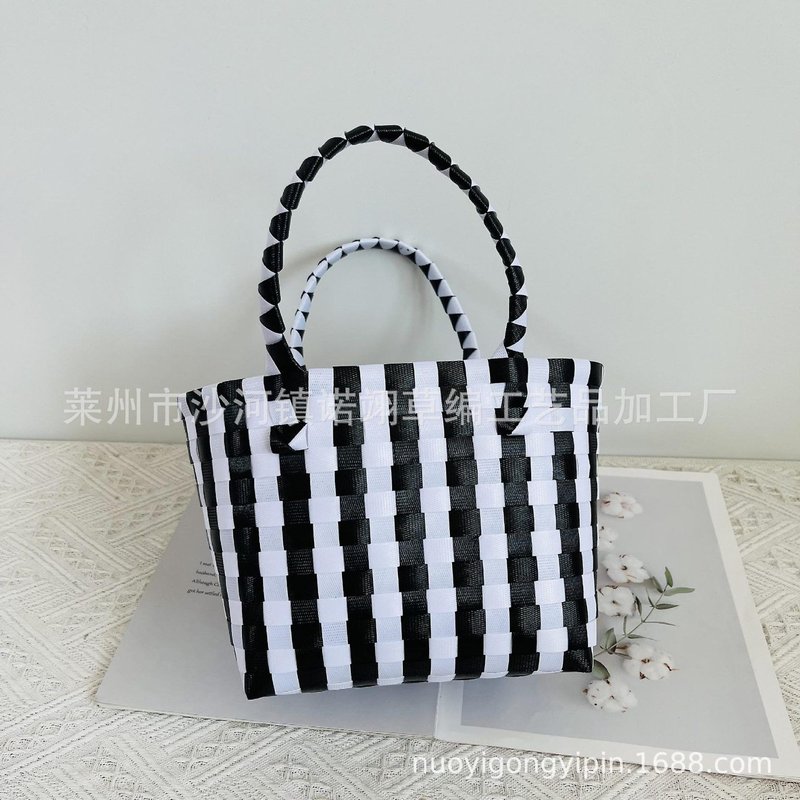 Panier de rangement portable en plastique avec poignée ¿ Organiseur de bureau polyvalent pour fruits, collations et articles essentiels ¿ Noir et blanc