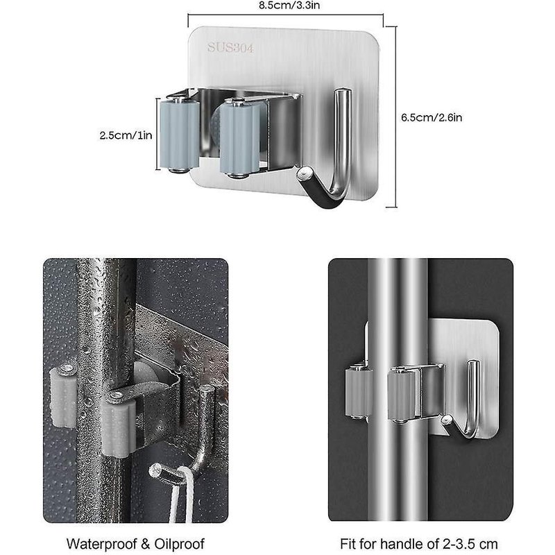 Lot de 2 supports de balais et serpillières en acier inoxydable ¿ Organiseur autocollant pour la maison, le garage, la cuisine et la salle de bain