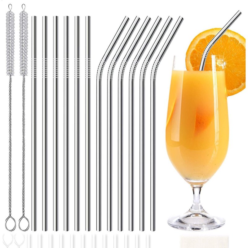 Lot de 12 pailles écologiques en acier inoxydable - Pailles réutilisables en métal avec brosses de nettoyage et pochette