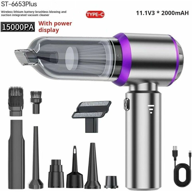 Aspirateur à main portable haute puissance pour voiture et maison ¿ Sans fil, aspiration 15 000 Pa, argent violet
