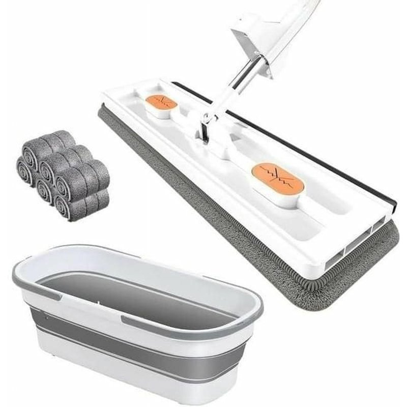 Balai plat rotatif à 360° - Essorage automatique, nettoyage sans effort des murs et des sols grâce à ses tampons en microfibre réutilisables