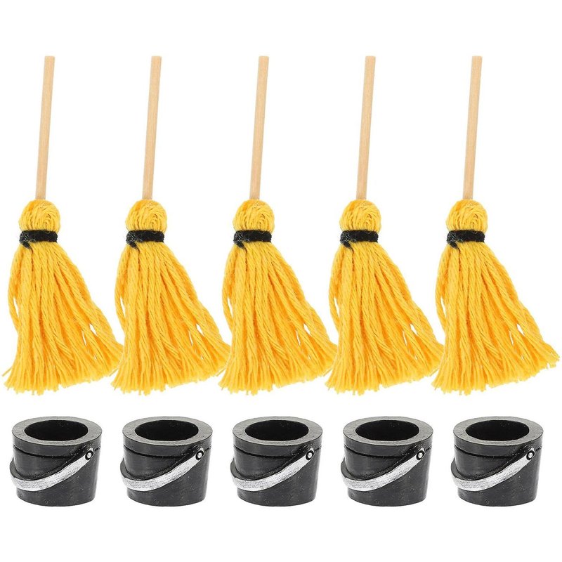 Ensemble mini-serpillière et seau pour mini-maisons - 5 micro-outils de nettoyage décoratifs pour bricolage et aménagement paysager