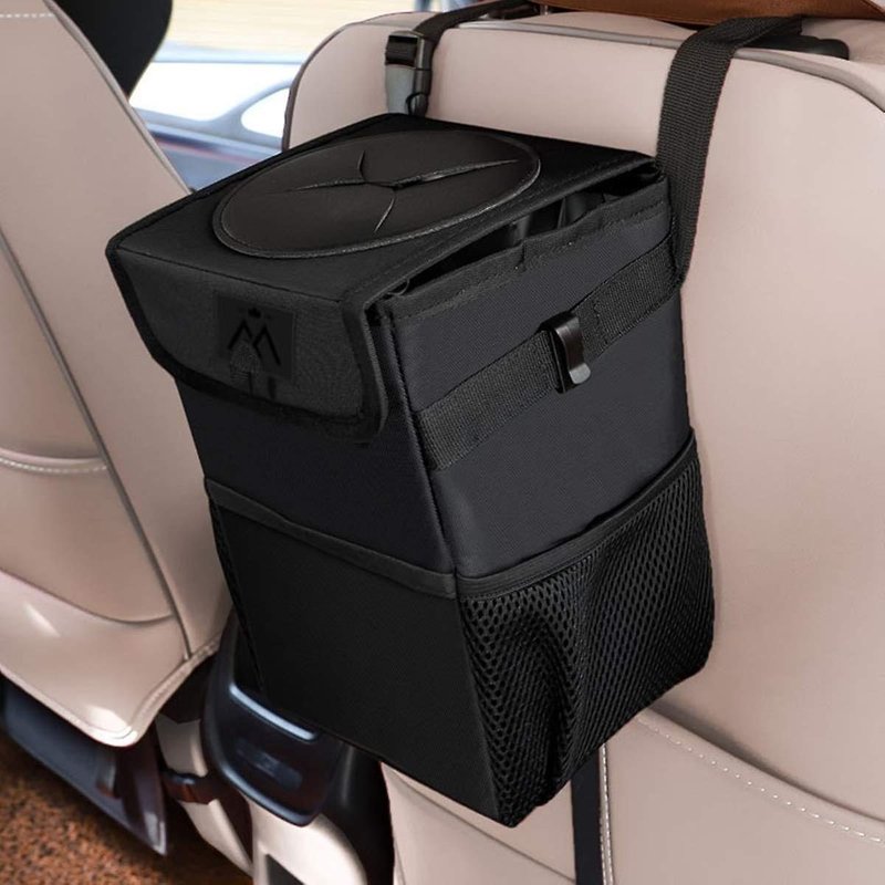 Poubelle compacte pour voiture avec couvercle et poches de rangement ¿ Organiseur polyvalent et sac isotherme pour des véhicules propres et bien rangés
