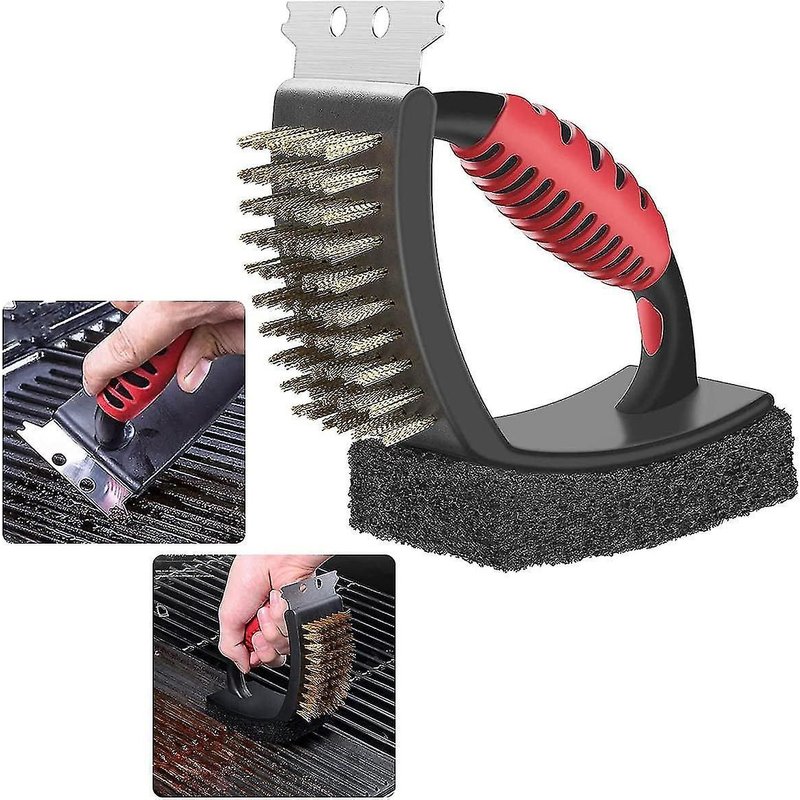 Brosse de nettoyage 3 en 1 pour barbecue : grattoir, éponge et brosse pour un nettoyage rapide et efficace des grilles et des surfaces de cuisine.