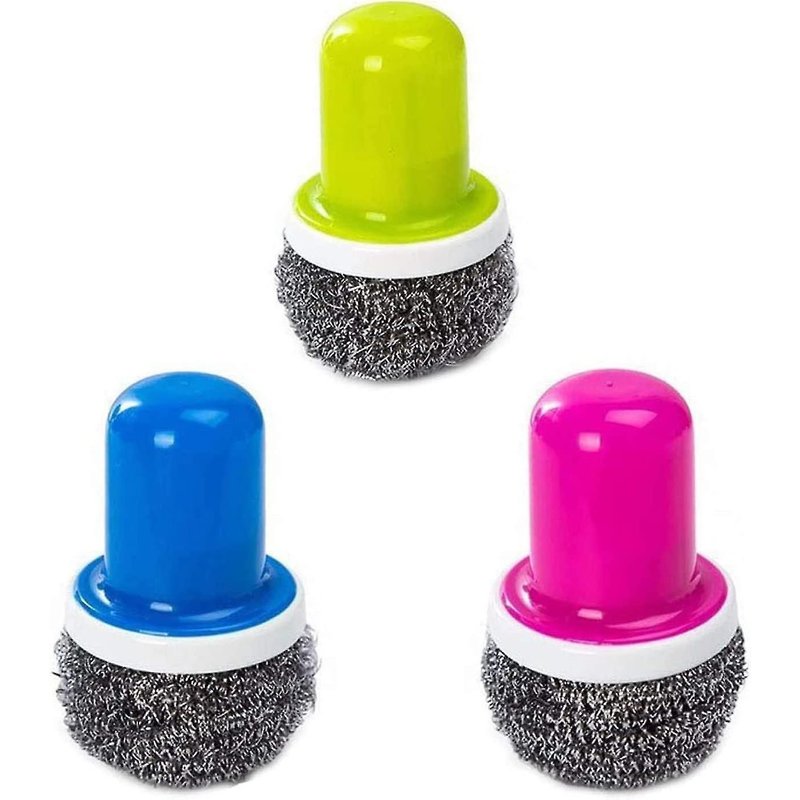 Tampons à récurer réutilisables en acier inoxydable avec poignée - Lot de 3 brosses de nettoyage pour la cuisine et le barbecue