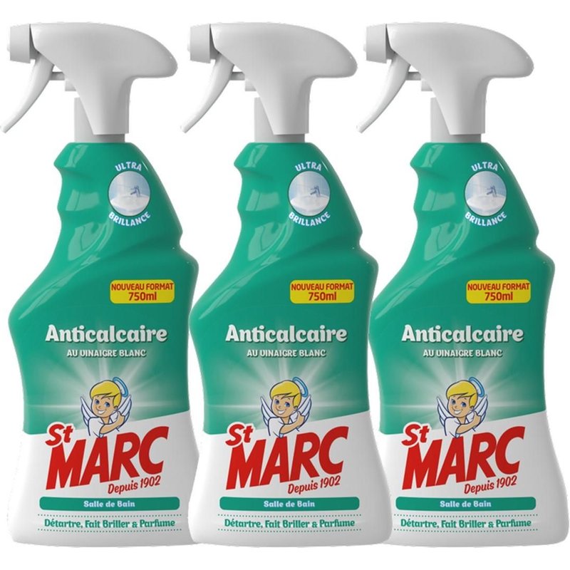 ST MARC Lot de 3 Pistolets Spray Désinfectant et Nettoyant Anticalcaire au Vinaigre Blanc 750 ml