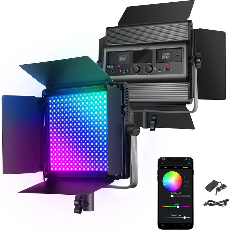 NEEWER RGB1200 Panneau d'Éclairage Vidéo LED RGB 360°, Lampe Vidéo 60W, Lumière Photo avec App Contrôle 2,4G, 22000lux à 0,5m/1% de Gradation Précise Min/18 Effets/2500K-8500K/pour Zoom/Photographie