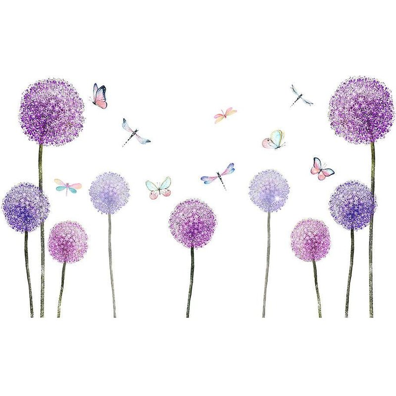 Stickers Muraux Ravissants Pissenlits Et Papillons Violets Pour Chambres D'enfants - Décoration Diy Pour Chambres D'enfants Et De Bébés