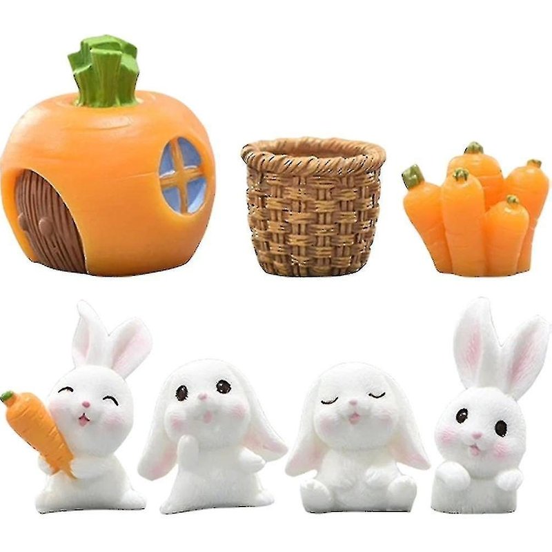 Lot de 7 figurines de lapins mignons de dessin animé ¿ Décoration miniature en résine pour micro-paysage de jardin et de maison