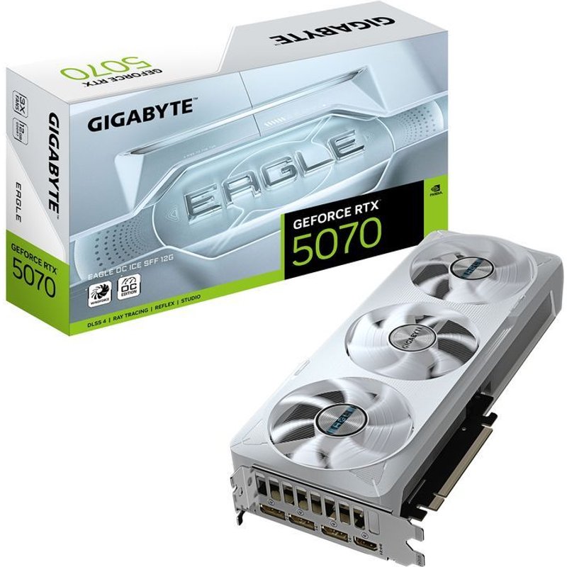 GIGABYTE GeForce RTX 5070 EAGLE OC ICE SFF 12G Carte Graphique - 12 Go GDDR7, 192 bits, PCI-E 5.0, 2587 MHz Core Clock, 3 x DP 2.1a, 1 x HDMI 2.1b, NVIDIA DLSS 4, GV-N5070EAGLEOC ICE-12GD