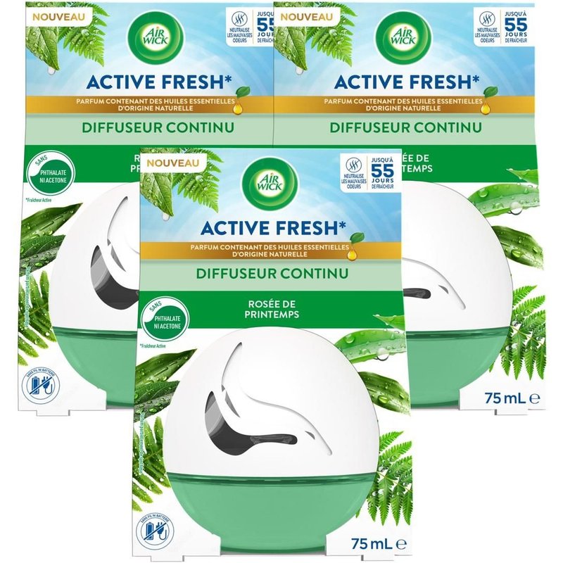 AIR WICK Lot de 3 Diffuseurs Continu désodorisant Active Fresh Rosée de Printemps 75mL