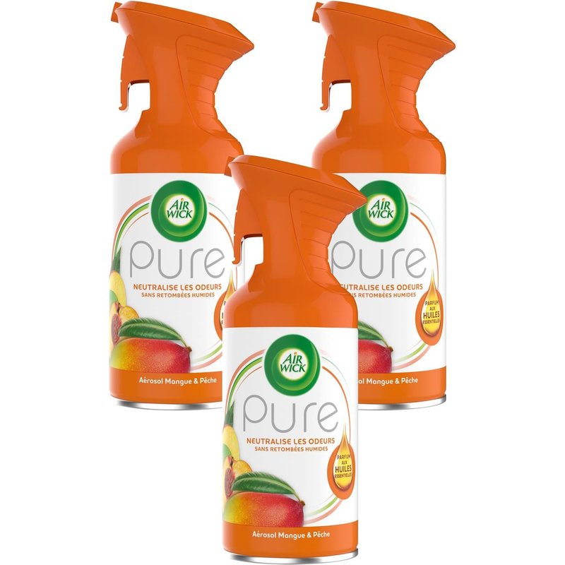 AIR WICK Lot de 3 Sprays aĂ©rosol dĂ©sodorisant Pure Huiles Essentielles Mangue & PĂȘche