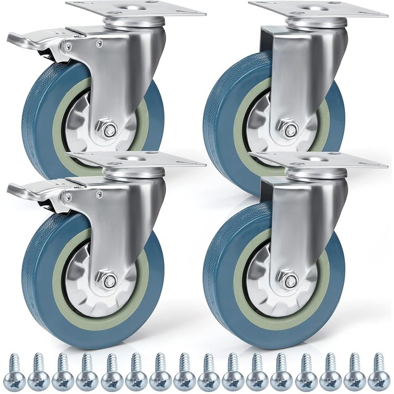Roulettes Pivotantes (Lot de 4) - Roulette Meuble de 100 mm avec Roues en Caoutchouc, Vis, Freins et Plaques en Métal - Charge Maximale 280kg - Roulettes pour Meubles, Chariots et Établis