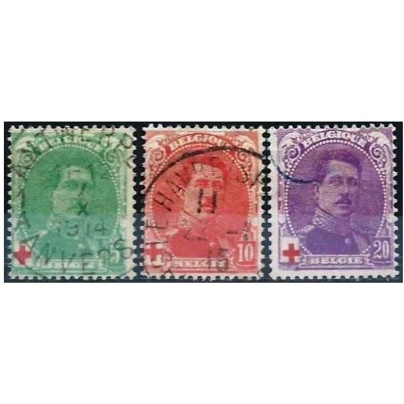Belgique 1914 / 15, Beaux Timbres Yvert 129 130 131, Roi Albert 1er Avec Surtaxe Au Profit De La Croix Rouge, Oblitérés, Tbe, Cote 20 Euros.