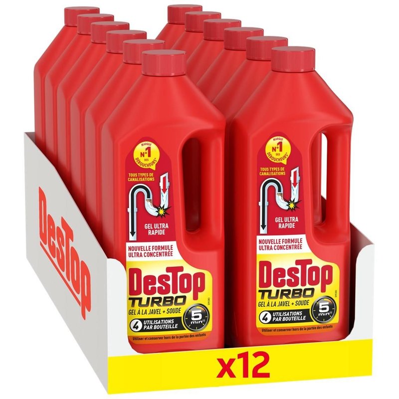 DESTOP Lot de 12 Gels désinfectant et déboucheur canalisation Turbo 5 min - 4 doses - 1L