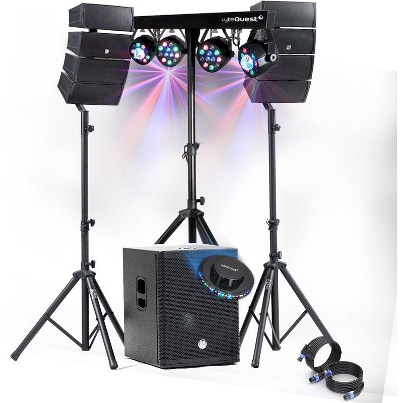 Pack Sono DJ 1200W complet BM SONIC Enceintes +SUB 38cm USB/Bluetooth, Câbles, Portique Eclairage LED, UFO, Bar Salle des fêtes