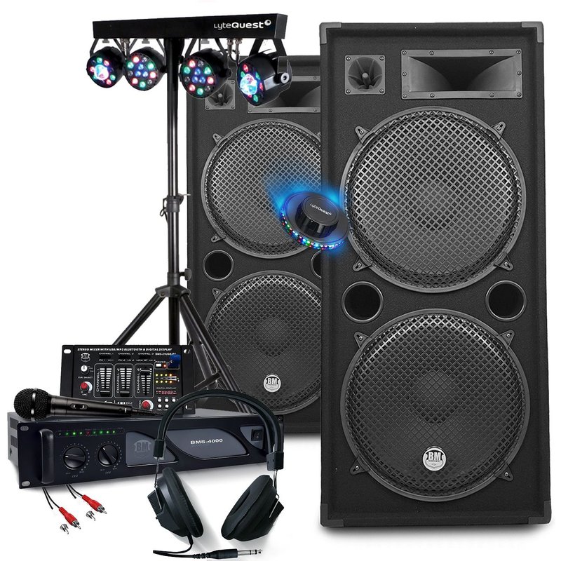 Pack SONO DJ COMPLET 3000W Amplification + Enceintes 2x2000W, Table Mixage USB Bluetooth, Portique d'Eclairage Multi-effets LED