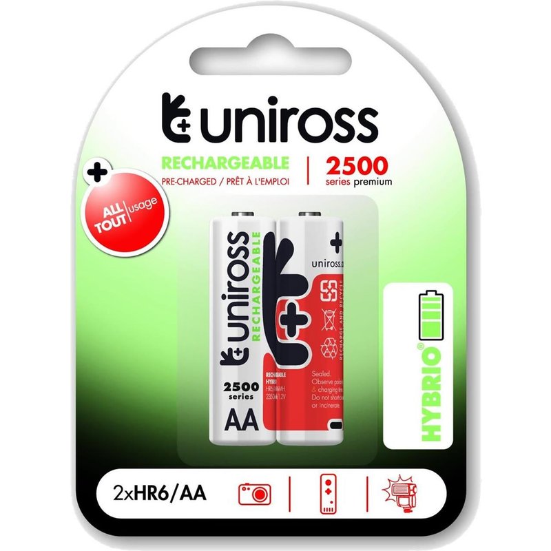 UNIROSS Pack de 2 Piles Rechargeable AA/HR6 2500 NIMH HYBRIO, 1.2V