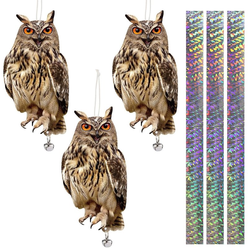 Pic Effaroucheur d'oiseaux, 3 pièces en forme de hibou réfléchissant - Décoration suspendue - Dispositif de protection contre les oiseaux pour garder les oiseaux loin du jardin, de la terrasse