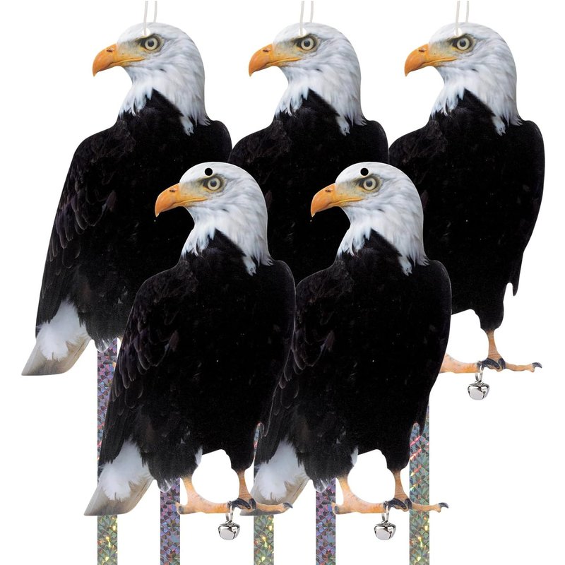 Lot de 5 répulsifs anti-oiseaux en forme de chouette - Pour dissuasion à l'extérieur - À suspendre - Bande réfléchissante - Avec clochettes